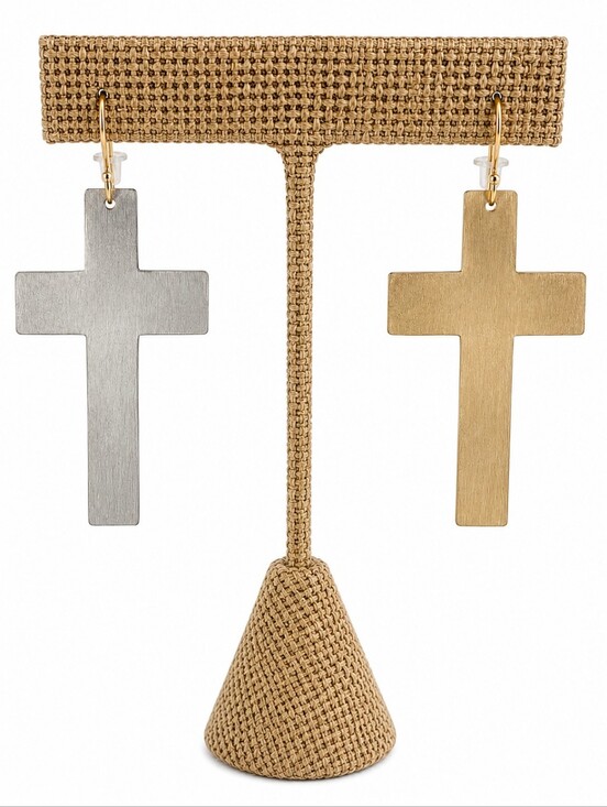 Jewelry - Metal Cross Dangle Earrings - One Silver & One Gold